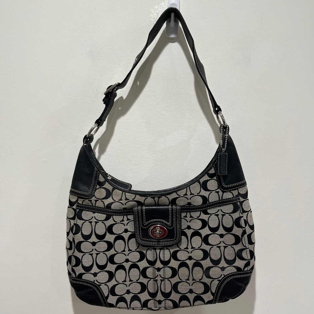 Vtg Coach Signature Hobo Bag Medium Turnlock Black Canvas Leather Trim Y2K
